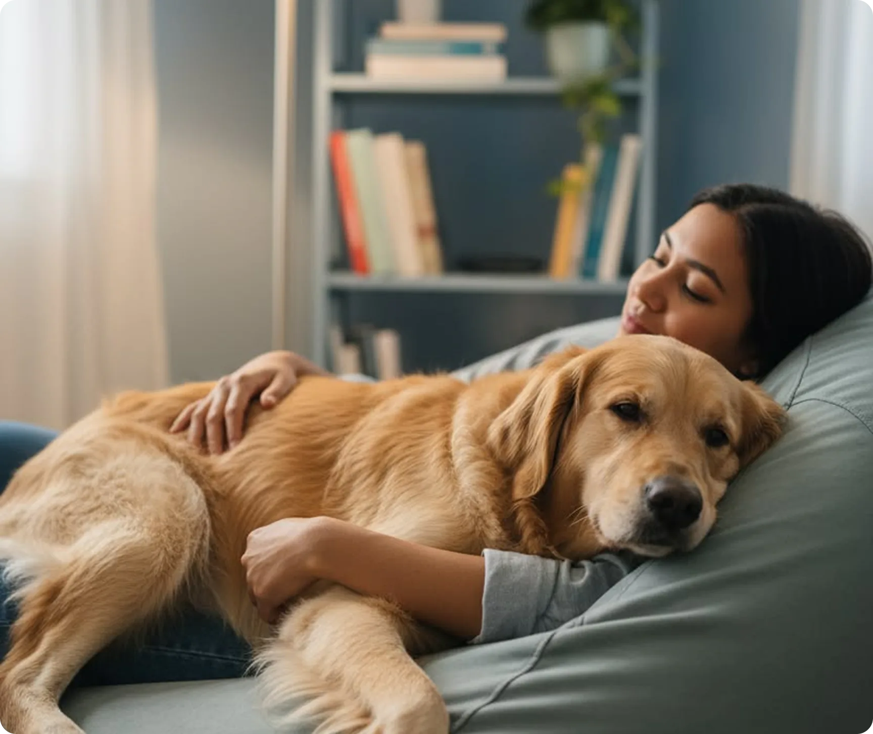 Tutora deitada no sofá abraçada com seu cão